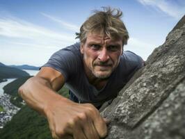 Determined man climbs a steep mountain trail AI Generative photo