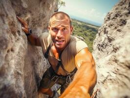 Determined man climbs a steep mountain trail AI Generative photo