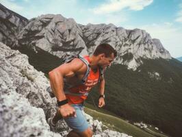 determinado hombre sube un escarpado montaña sendero ai generativo foto