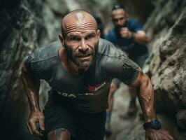 Determined man climbs a steep mountain trail AI Generative photo