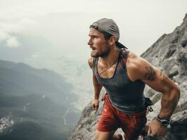 Determined man climbs a steep mountain trail AI Generative photo