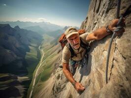 Determined man climbs a steep mountain trail AI Generative photo