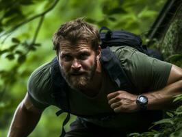 Determined man climbs a steep mountain trail AI Generative photo