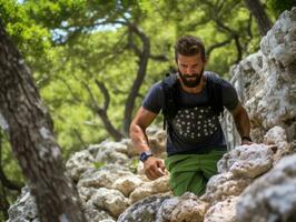 Determined man climbs a steep mountain trail AI Generative photo