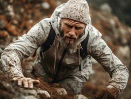 Determined man climbs a steep mountain trail AI Generative photo