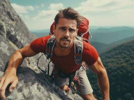 determinado hombre sube un escarpado montaña sendero ai generativo foto