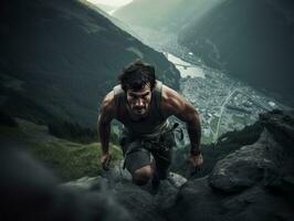 Determined man climbs a steep mountain trail AI Generative photo