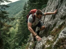 Determined man climbs a steep mountain trail AI Generative photo