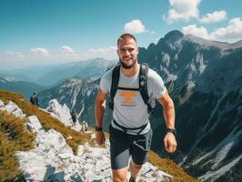 determinado hombre sube un escarpado montaña sendero ai generativo foto