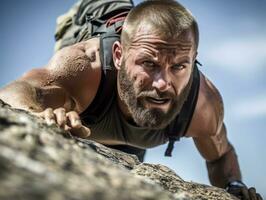 Determined man climbs a steep mountain trail AI Generative photo