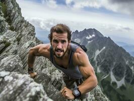 Determined man climbs a steep mountain trail AI Generative photo