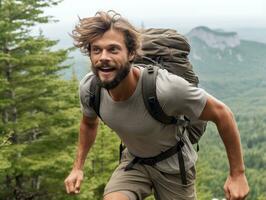 Determined man climbs a steep mountain trail AI Generative photo