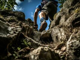 determinado hombre sube un escarpado montaña sendero ai generativo foto