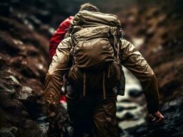 Determined man climbs a steep mountain trail AI Generative photo