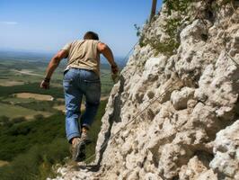 Determined man climbs a steep mountain trail AI Generative photo