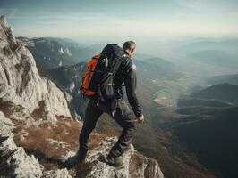 Determined man climbs a steep mountain trail AI Generative photo