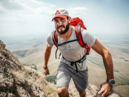 Determined man climbs a steep mountain trail AI Generative photo