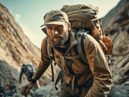 determinado hombre sube un escarpado montaña sendero ai generativo foto