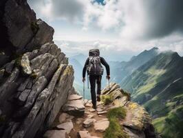 Determined man climbs a steep mountain trail AI Generative photo