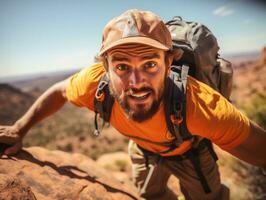 determinado hombre sube un escarpado montaña sendero ai generativo foto