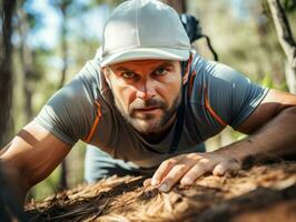 Determined man climbs a steep mountain trail AI Generative photo