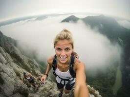 determinado mujer sube un escarpado montaña sendero ai generativo foto