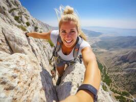 determinado mujer sube un escarpado montaña sendero ai generativo foto