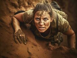 Determined woman climbs a steep mountain trail AI Generative photo