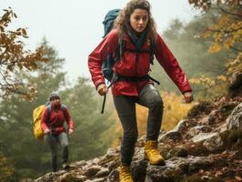 Determined woman climbs a steep mountain trail AI Generative photo