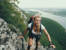 Determined woman climbs a steep mountain trail AI Generative photo