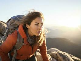 Determined woman climbs a steep mountain trail AI Generative photo