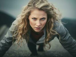 Determined woman climbs a steep mountain trail AI Generative photo