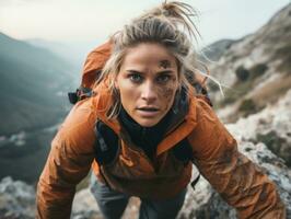 Determined woman climbs a steep mountain trail AI Generative photo