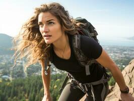 Determined woman climbs a steep mountain trail AI Generative photo