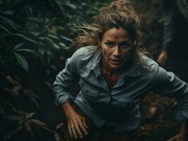 determinado mujer sube un escarpado montaña sendero ai generativo foto