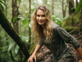 determinado mujer sube un escarpado montaña sendero ai generativo foto