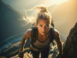 determinado mujer sube un escarpado montaña sendero ai generativo foto