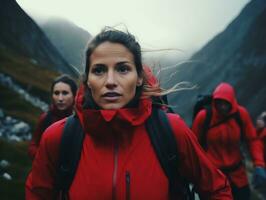 Determined woman climbs a steep mountain trail AI Generative photo