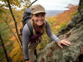 Determined woman climbs a steep mountain trail AI Generative photo