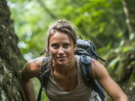 Determined woman climbs a steep mountain trail AI Generative photo