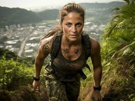 determinado mujer sube un escarpado montaña sendero ai generativo foto