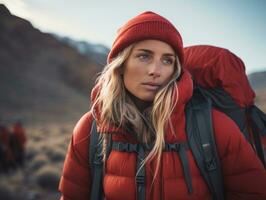 Determined woman climbs a steep mountain trail AI Generative photo