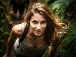 Determined woman climbs a steep mountain trail AI Generative photo