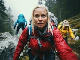 determinado mujer sube un escarpado montaña sendero ai generativo foto