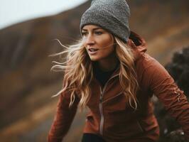 Determined woman climbs a steep mountain trail AI Generative photo