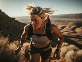 determinado mujer sube un escarpado montaña sendero ai generativo foto