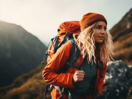 Determined woman climbs a steep mountain trail AI Generative photo