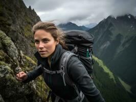 determinado mujer sube un escarpado montaña sendero ai generativo foto