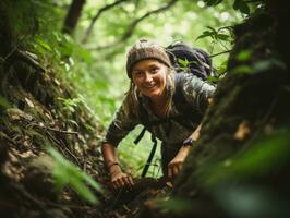 Determined woman climbs a steep mountain trail AI Generative photo