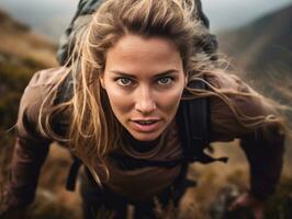 Determined woman climbs a steep mountain trail AI Generative photo